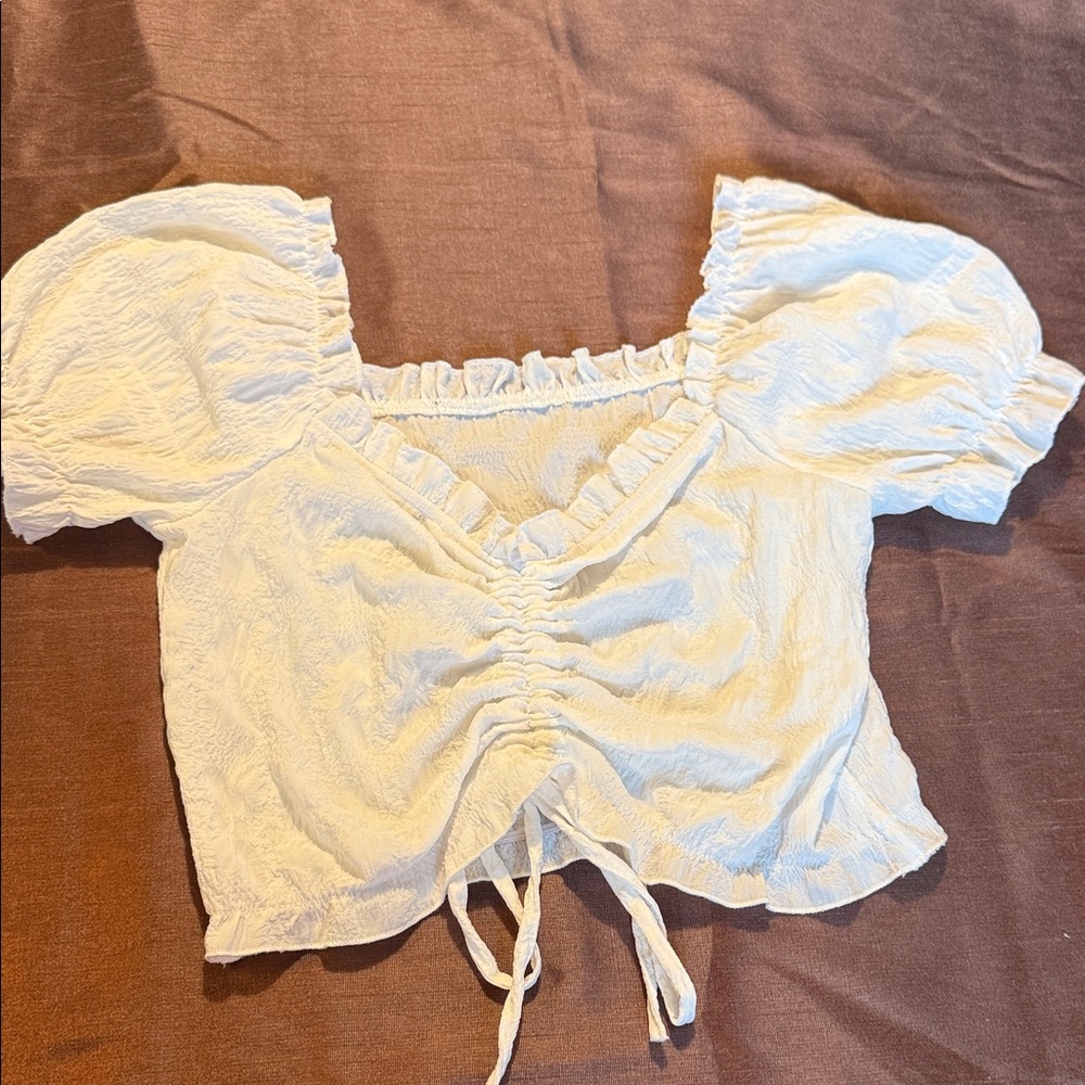 White Ruched Puff Sleeve Top
